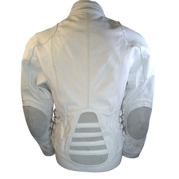 Icon Moto Leathers White Leather Motorcycle Biker Riding Jacket Buckle Side Sm - Picture 8 of 16